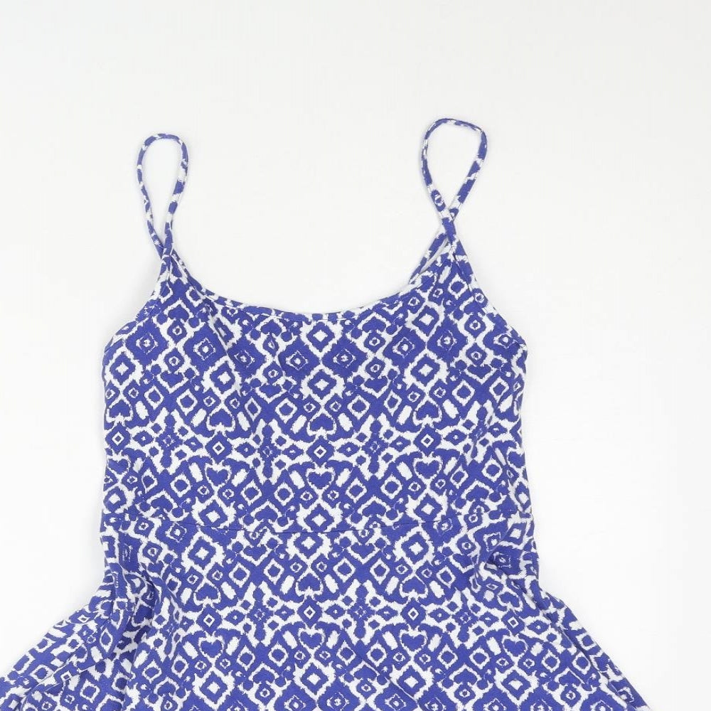 Divided by H&M Womens Blue Geometric Cotton Skater Dress Size S Scoop Neck Pullover