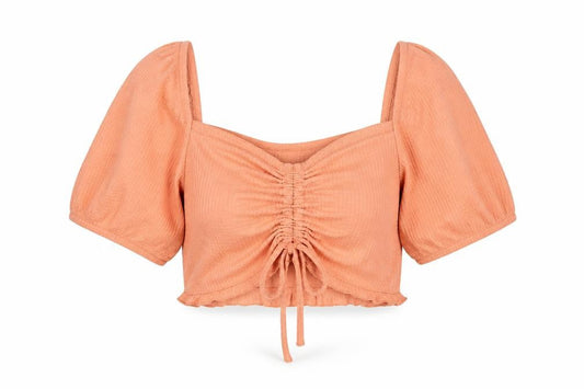 Front view of ASOS women’s orange polyester cropped blouse, size UK 8, sweetheart - frill rouched bow