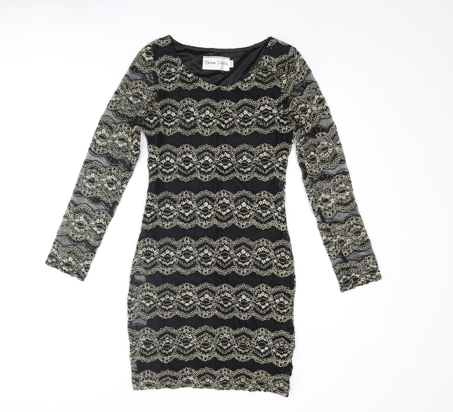 Snow Traffic Womens Black Polyester Bodycon Size S Round Neck Pullover - Gold Detail Size S-M