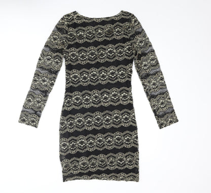 Snow Traffic Womens Black Polyester Bodycon Size S Round Neck Pullover - Gold Detail Size S-M