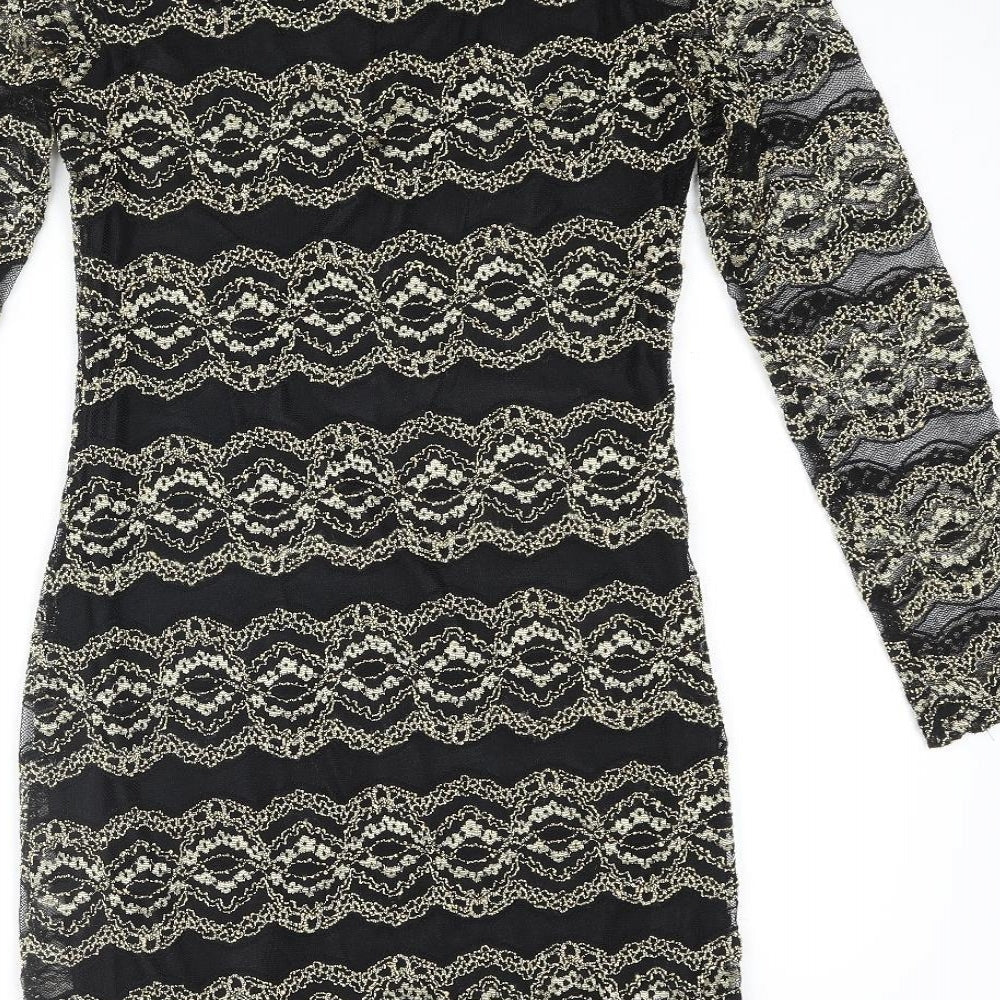Snow Traffic Womens Black Polyester Bodycon Size S Round Neck Pullover - Gold Detail Size S-M