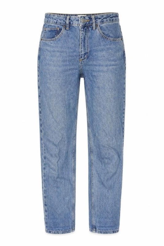 Front view of BDG women’s blue cotton straight jeans, size UK 28, in, 32-inch leg regular button