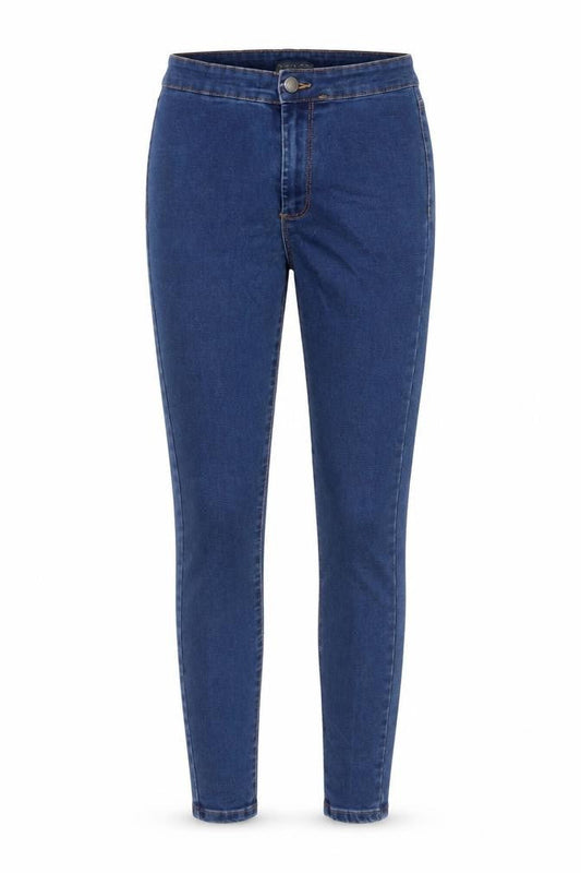 Front view of Denim & Co. women’s blue cotton jegging jeans, size UK 8, 26-inch leg regular button
