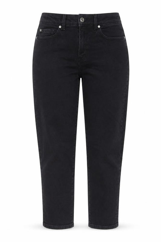 Front view of Denim & Co. women’s black cotton mom jeans, size UK 12, 27-inch leg regular button