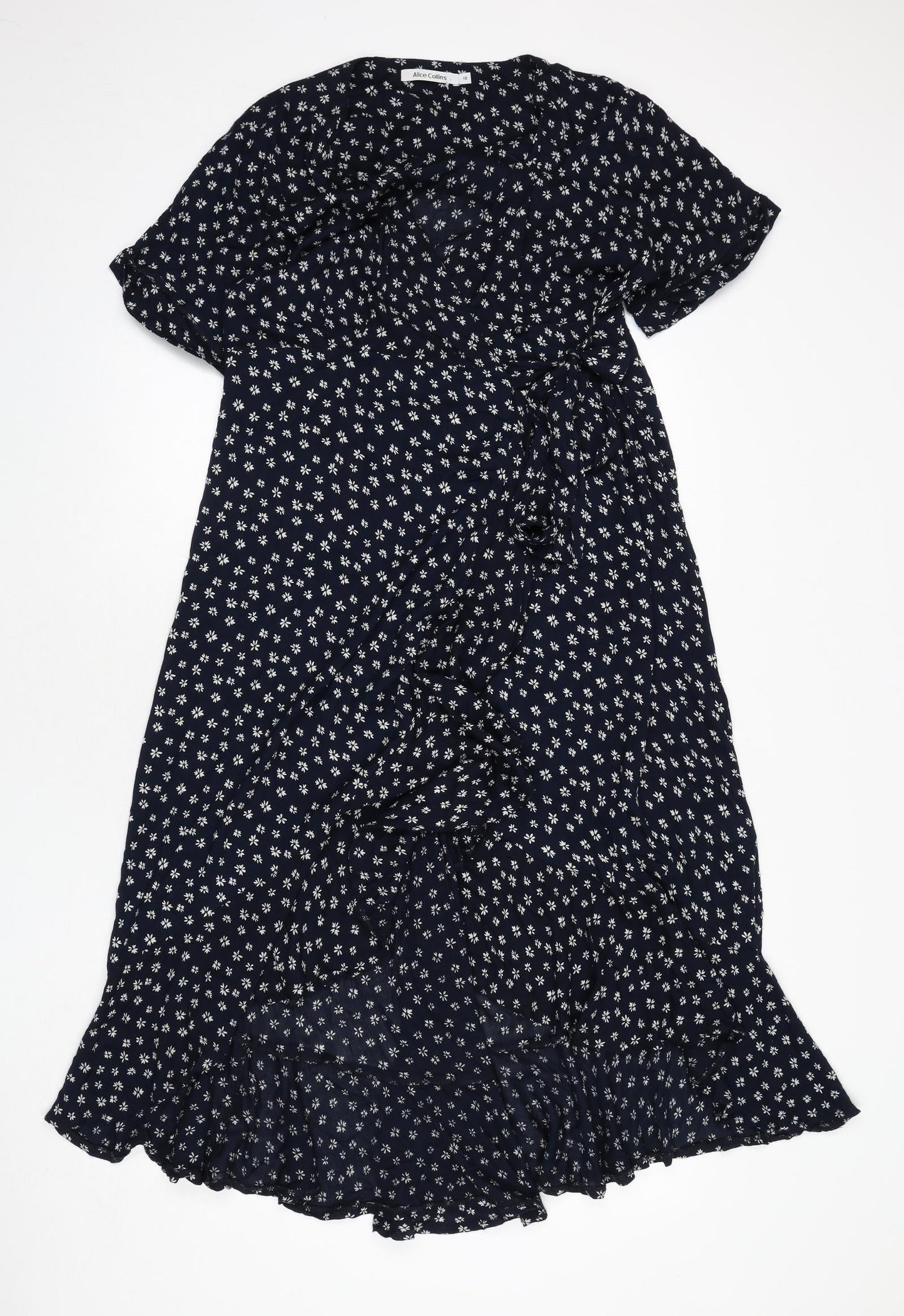 Alice Collins Womens Blue Floral Viscose Wrap Dress Size 10 V-Neck Tie
