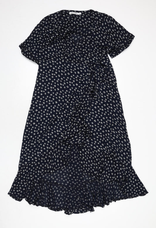 Alice Collins Womens Blue Floral Viscose Wrap Dress Size 10 V-Neck Tie