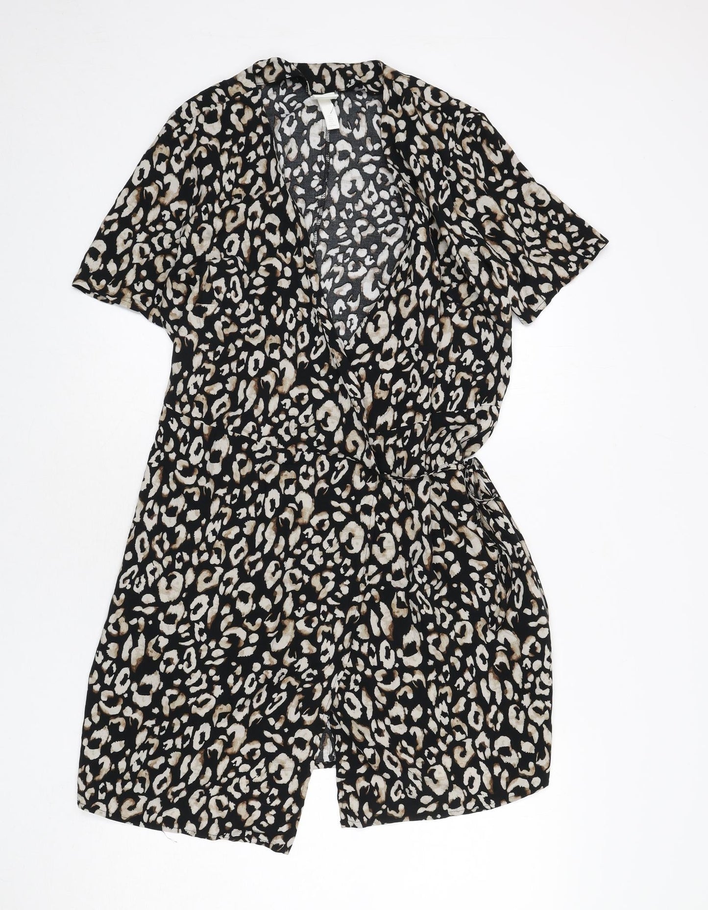 H&M Womens Black Animal Print Viscose Wrap Dress Size L V-Neck Tie