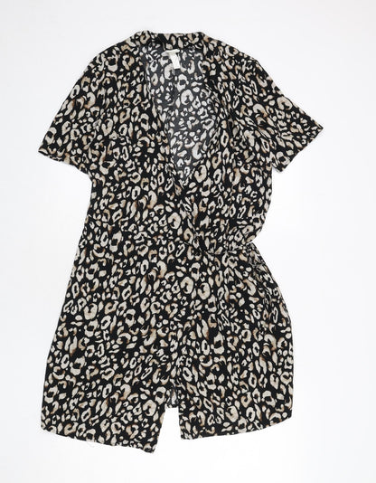 H&M Womens Black Animal Print Viscose Wrap Dress Size L V-Neck Tie