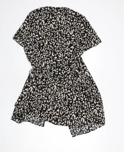 H&M Womens Black Animal Print Viscose Wrap Dress Size L V-Neck Tie