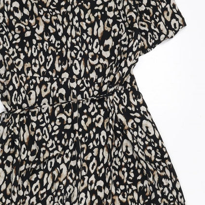 H&M Womens Black Animal Print Viscose Wrap Dress Size L V-Neck Tie