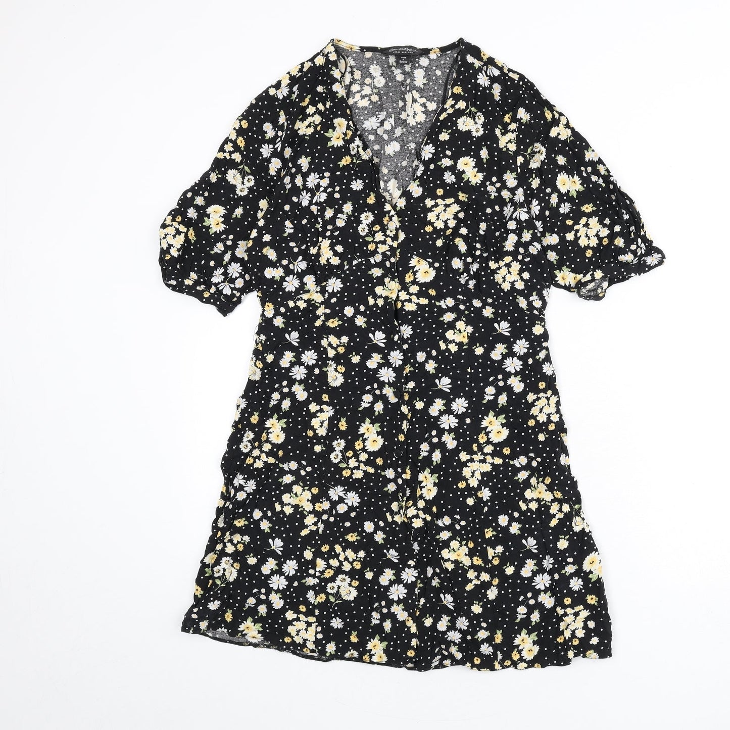 Miss Selfridge Womens Black Floral Viscose A-Line Size 12 V-Neck Button - Polka Dot