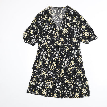 Miss Selfridge Womens Black Floral Viscose A-Line Size 12 V-Neck Button - Polka Dot