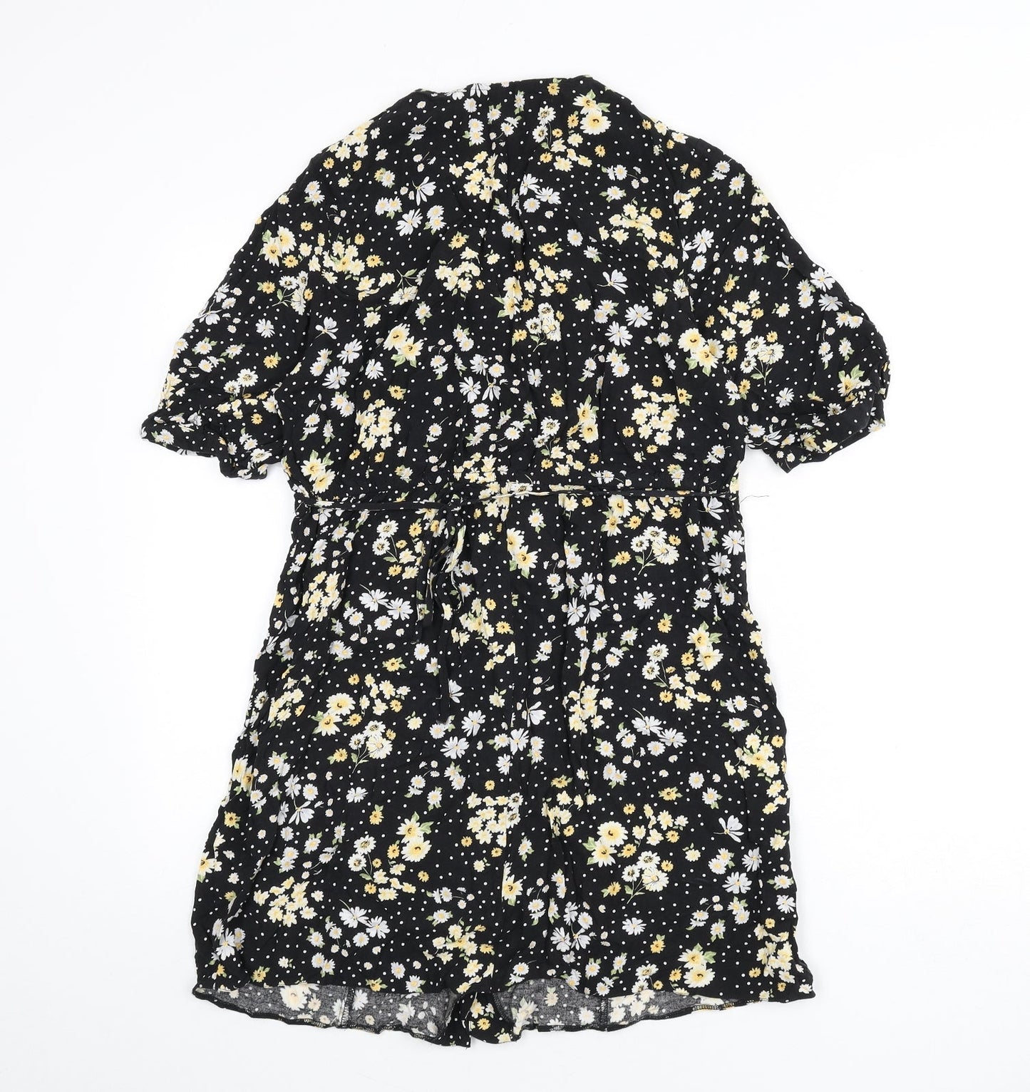 Miss Selfridge Womens Black Floral Viscose A-Line Size 12 V-Neck Button - Polka Dot