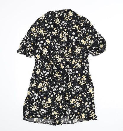 Miss Selfridge Womens Black Floral Viscose A-Line Size 12 V-Neck Button - Polka Dot