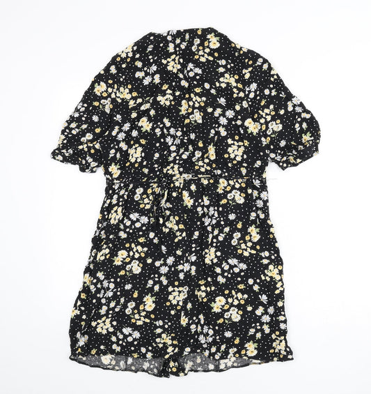 Miss Selfridge Womens Black Floral Viscose A-Line Size 12 V-Neck Button - Polka Dot