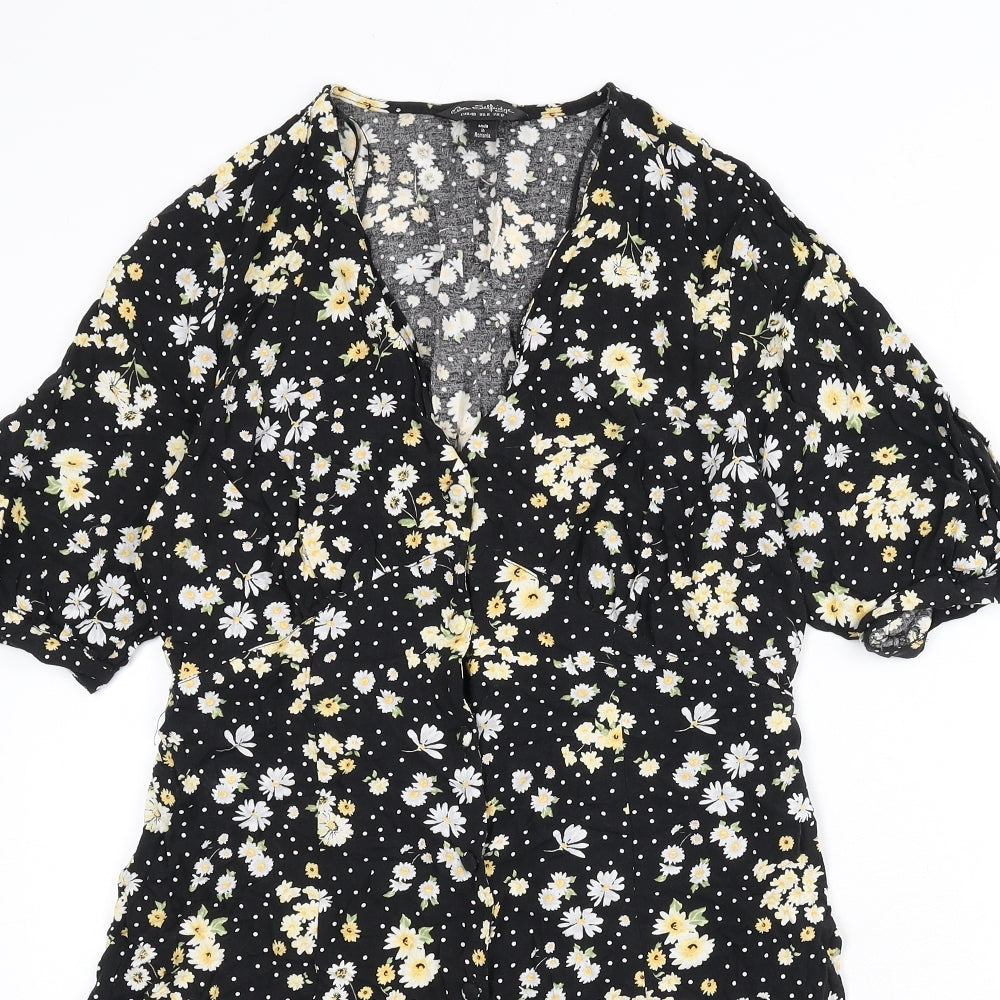 Miss Selfridge Womens Black Floral Viscose A-Line Size 12 V-Neck Button - Polka Dot