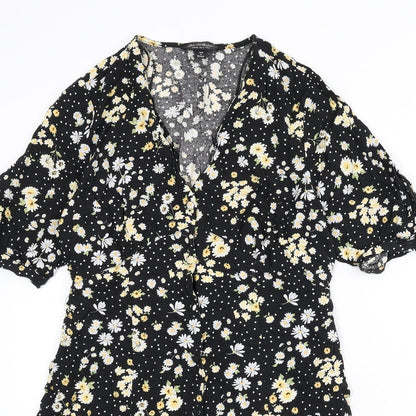 Miss Selfridge Womens Black Floral Viscose A-Line Size 12 V-Neck Button - Polka Dot