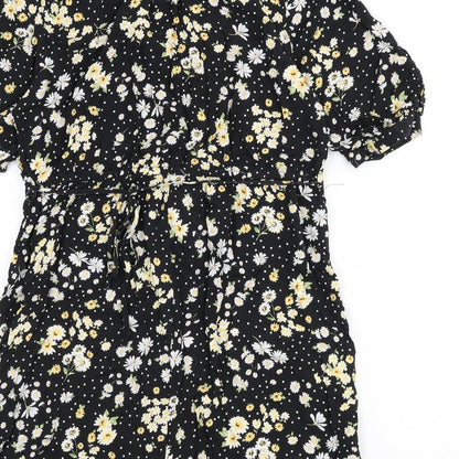 Miss Selfridge Womens Black Floral Viscose A-Line Size 12 V-Neck Button - Polka Dot