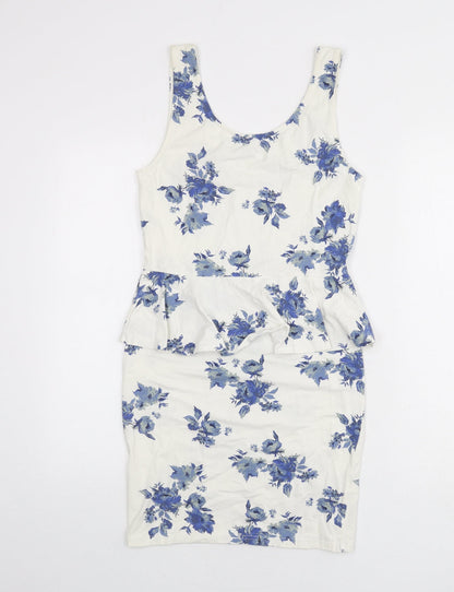 New Look Womens Ivory Floral Cotton Bodycon Size 12 Scoop Neck Pullover - Ruffle Detail