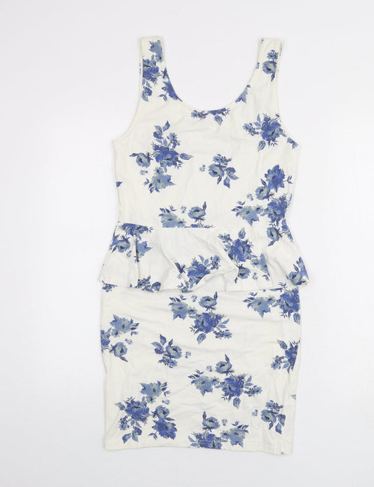 New Look Womens Ivory Floral Cotton Bodycon Size 12 Scoop Neck Pullover - Ruffle Detail