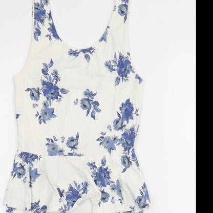 New Look Womens Ivory Floral Cotton Bodycon Size 12 Scoop Neck Pullover - Ruffle Detail