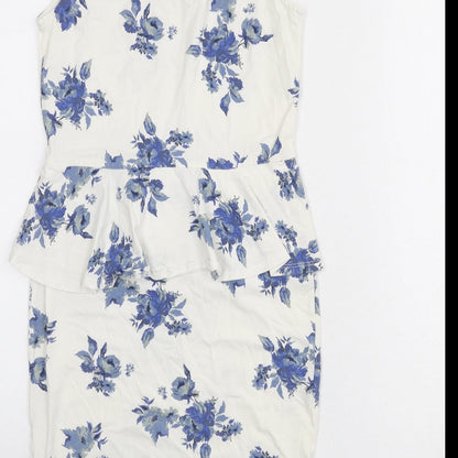 New Look Womens Ivory Floral Cotton Bodycon Size 12 Scoop Neck Pullover - Ruffle Detail