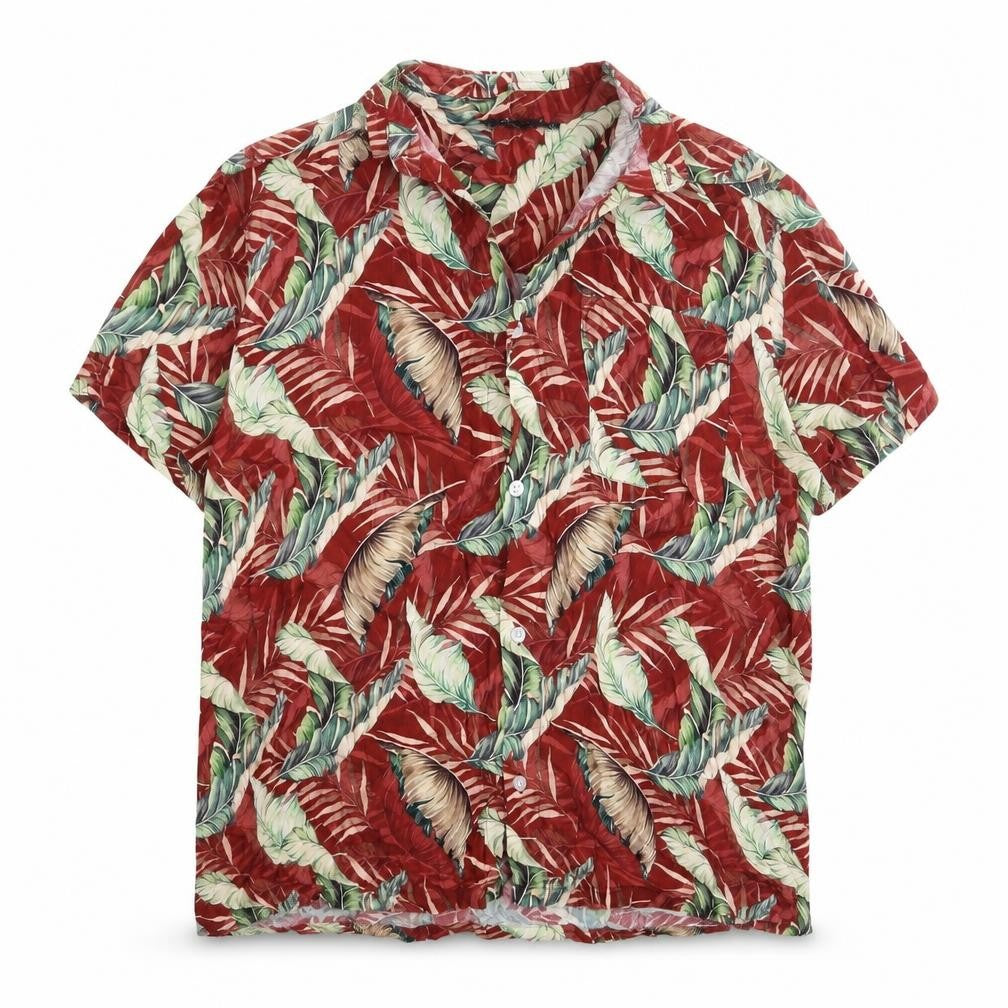 Burton Mens Multicoloured Geometric Viscose Button-Up Size L Collared Button - Leaf Print