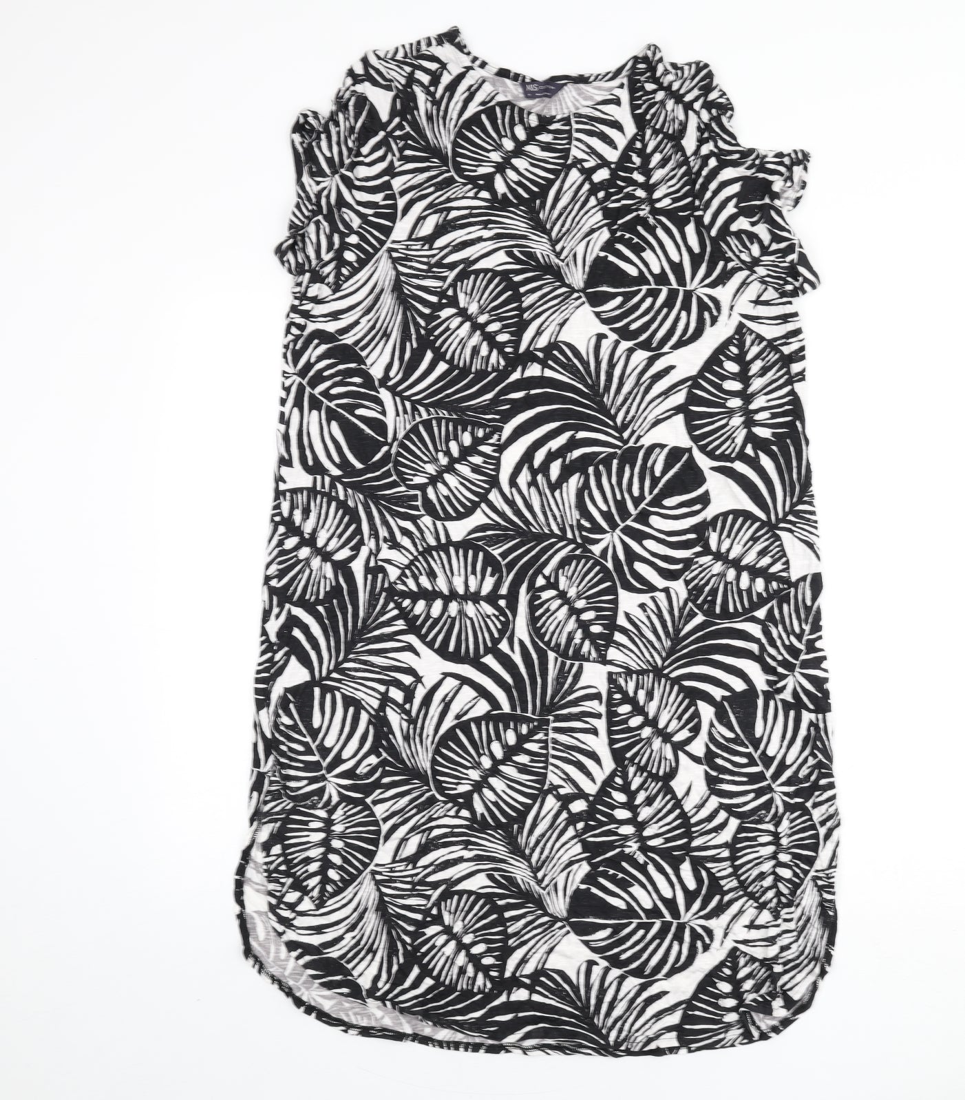 Marks and Spencer Womens Black Geometric Viscose Sheath Size 14 Round Neck Pullover - Leaf Print
