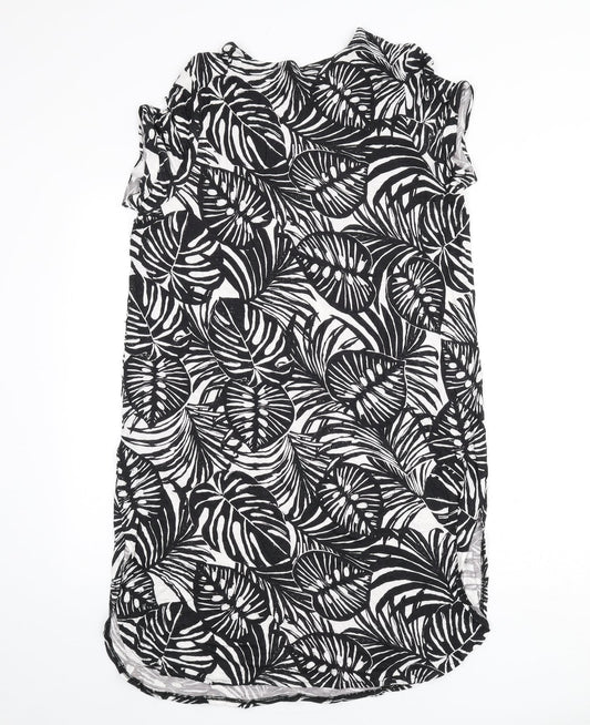 Marks and Spencer Womens Black Geometric Viscose Sheath Size 14 Round Neck Pullover - Leaf Print
