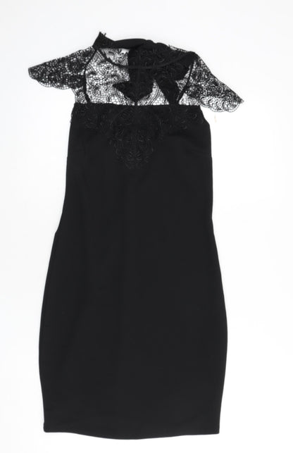 Mohito Womens Black Polyester Bodycon Size 10 Mock Neck Tie - Lace Detail