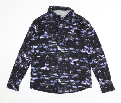 BAM Mens Black Geometric Viscose Button-Up Size M Collared Button