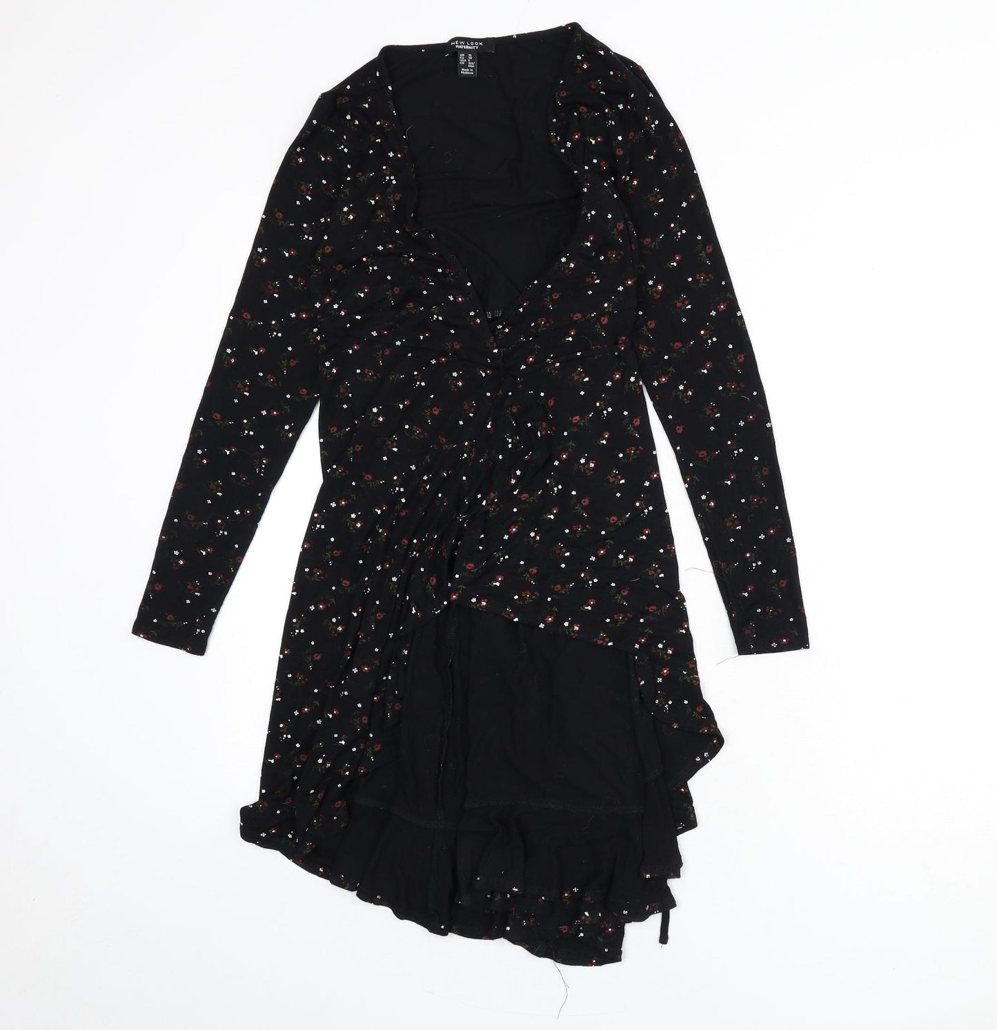 New Look Womens Black Floral Viscose Wrap T-Shirt Size 10 V-Neck
