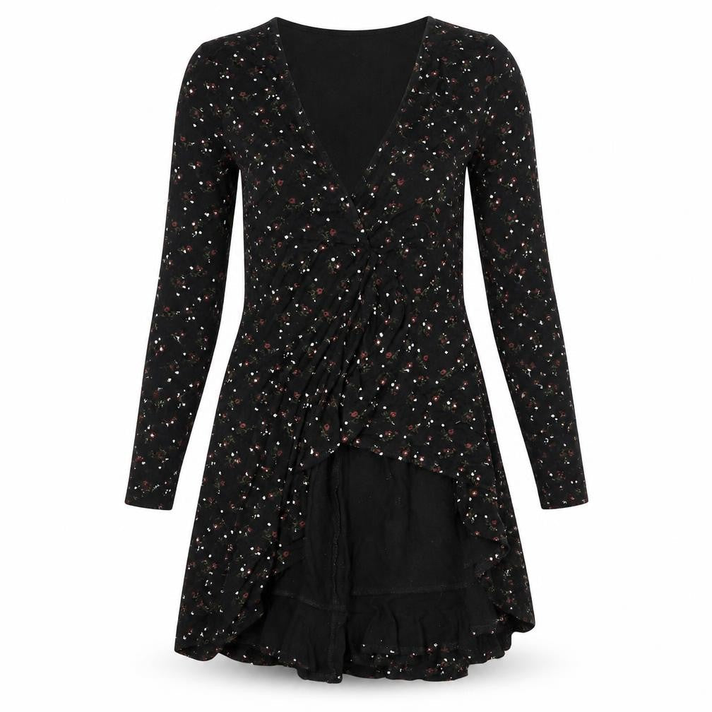 New Look Womens Black Floral Viscose Wrap T-Shirt Size 10 V-Neck