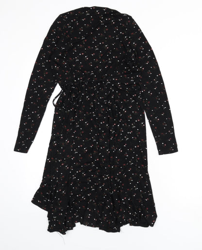 New Look Womens Black Floral Viscose Wrap T-Shirt Size 10 V-Neck