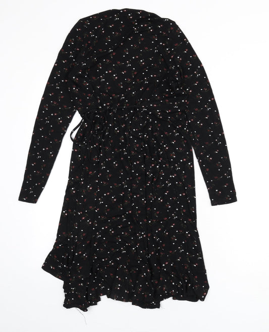 New Look Womens Black Floral Viscose Wrap T-Shirt Size 10 V-Neck