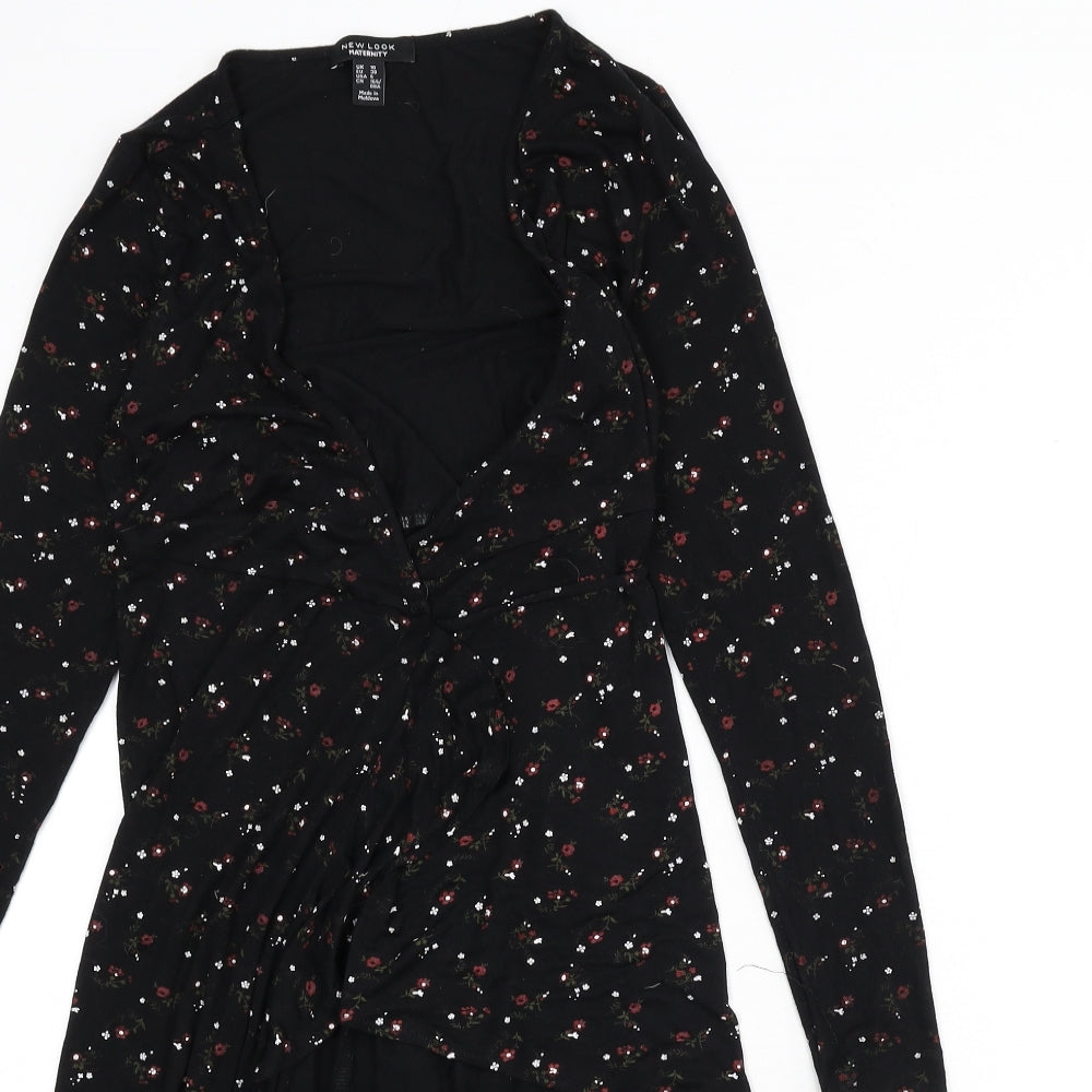 New Look Womens Black Floral Viscose Wrap T-Shirt Size 10 V-Neck