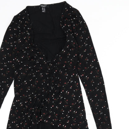 New Look Womens Black Floral Viscose Wrap T-Shirt Size 10 V-Neck