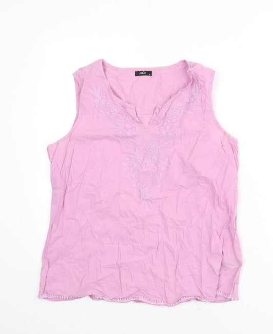 M&Co Womens Purple Cotton Basic Tank Size 14 V-Neck - Embroidered Detail