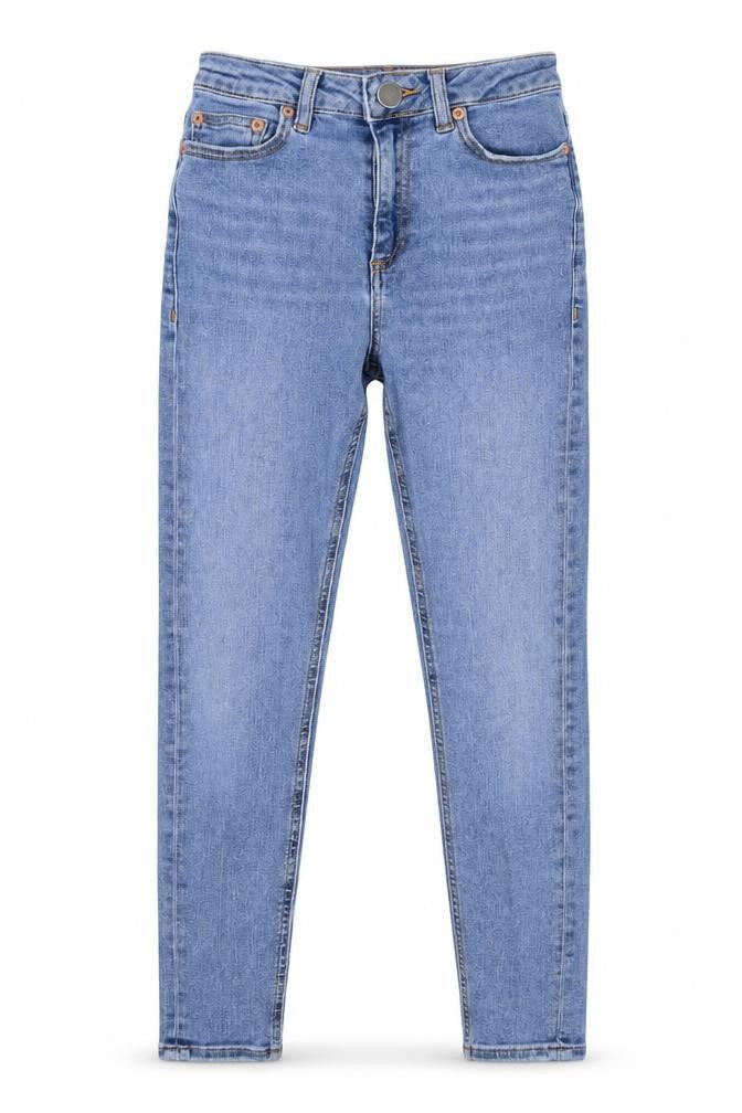 Front view of ASOS women’s blue cotton skinny jeans, size UK 25, in, 28-inch leg regular zip