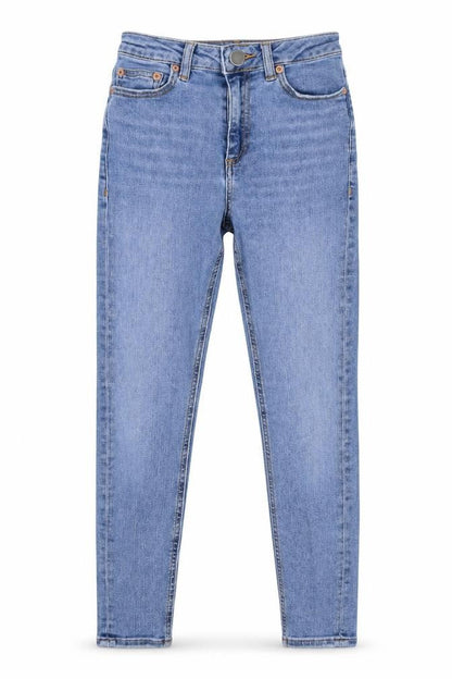 Front view of ASOS women’s blue cotton skinny jeans, size UK 25, in, 28-inch leg regular zip