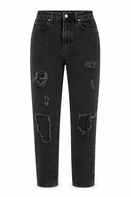 Front view of Denim & Co. women’s black cotton mom jeans, size UK 6, 28-inch leg regular zip
