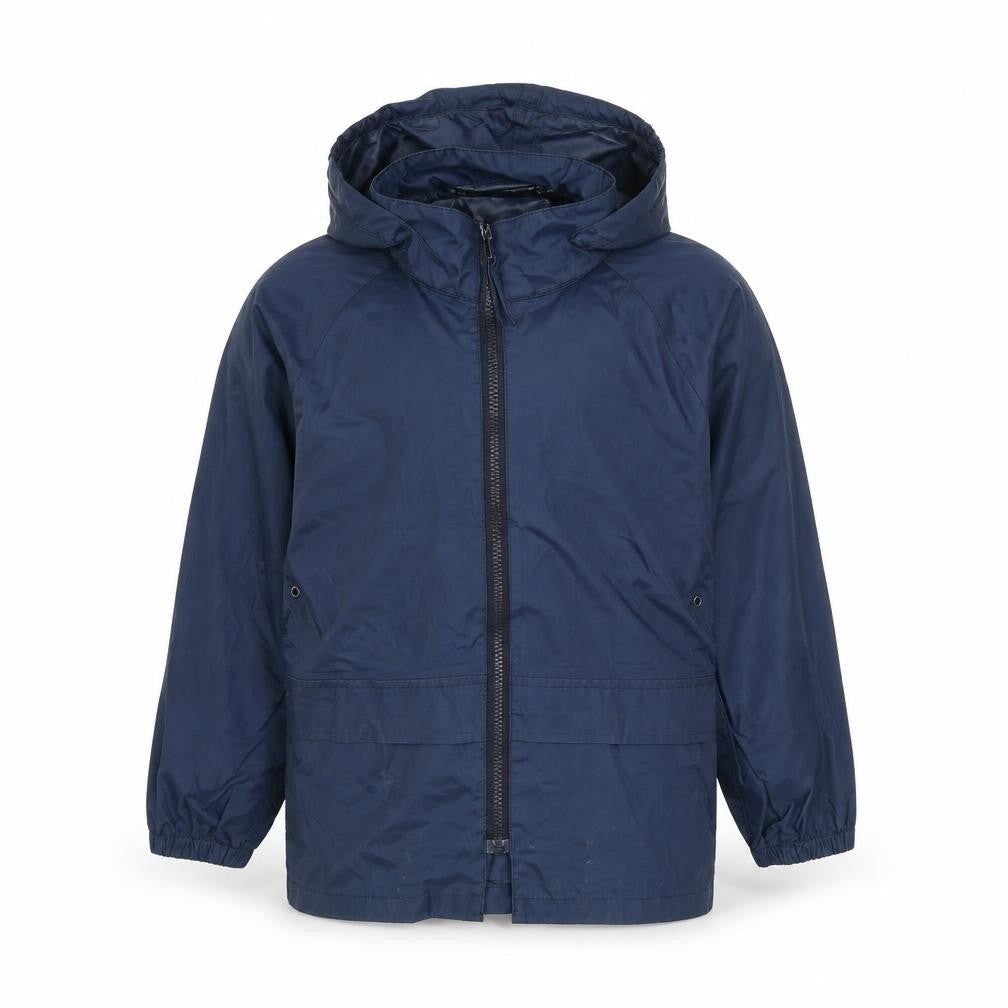 Front view of John Lewis boys’ blue windbreaker jacket, size 5-6, years zip