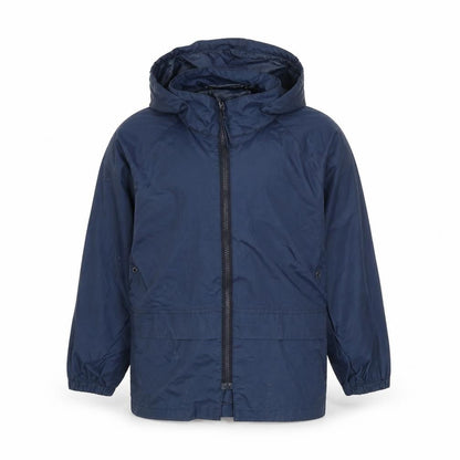 Front view of John Lewis boys’ blue windbreaker jacket, size 5-6, years zip