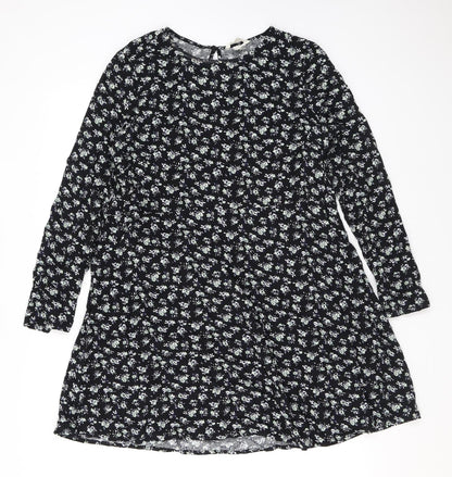 H&M Womens Black Floral Viscose A-Line Size 10 Round Neck Button