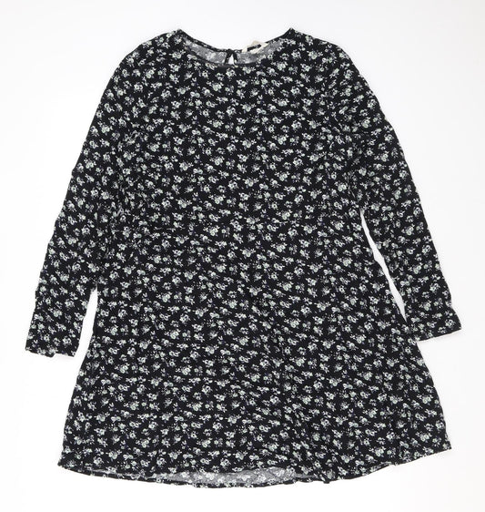 H&M Womens Black Floral Viscose A-Line Size 10 Round Neck Button