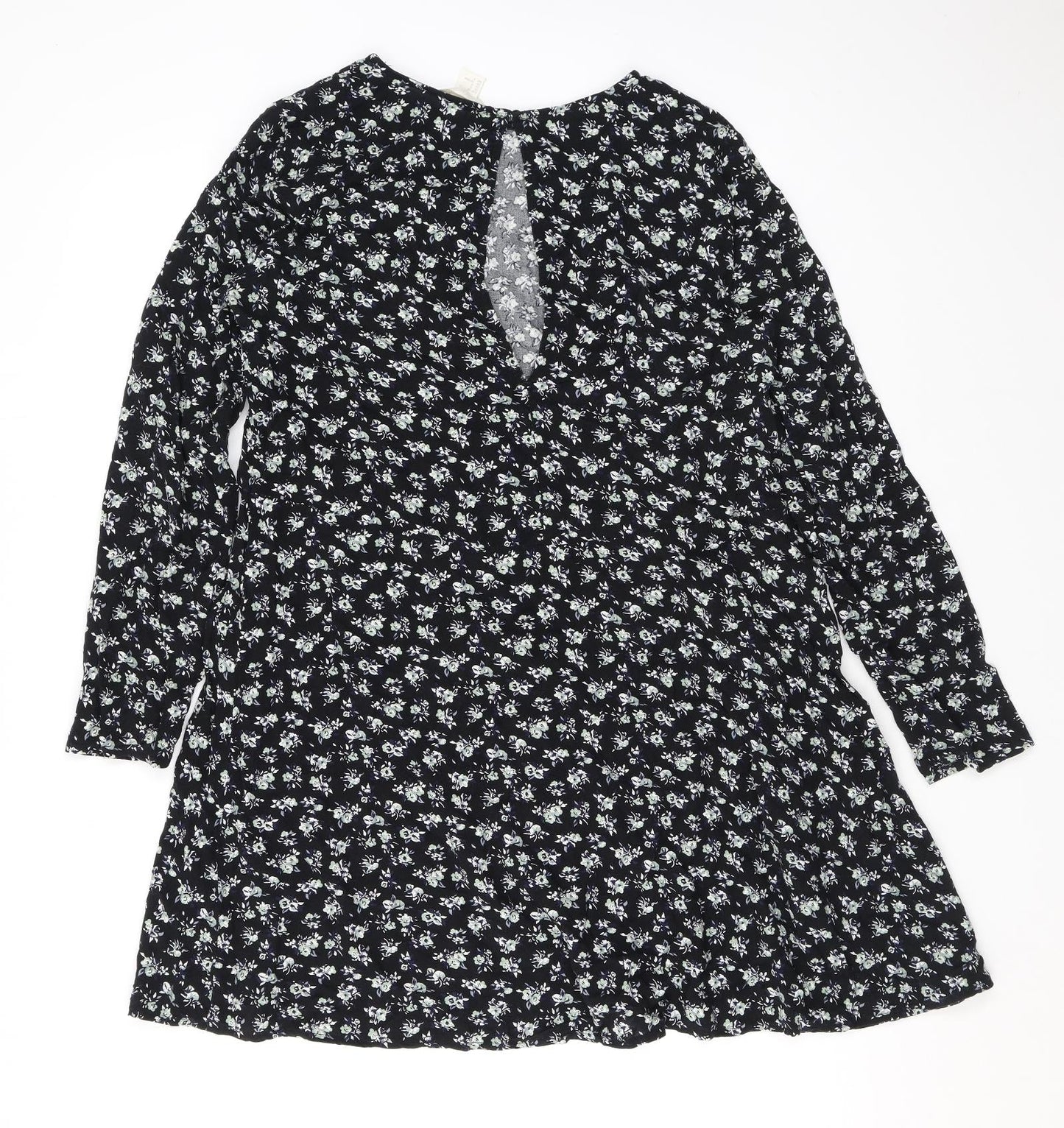 H&M Womens Black Floral Viscose A-Line Size 10 Round Neck Button