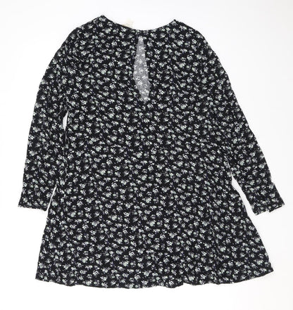H&M Womens Black Floral Viscose A-Line Size 10 Round Neck Button