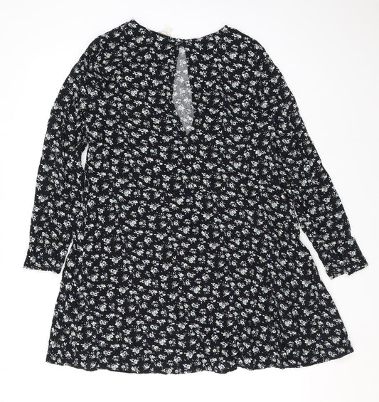 H&M Womens Black Floral Viscose A-Line Size 10 Round Neck Button
