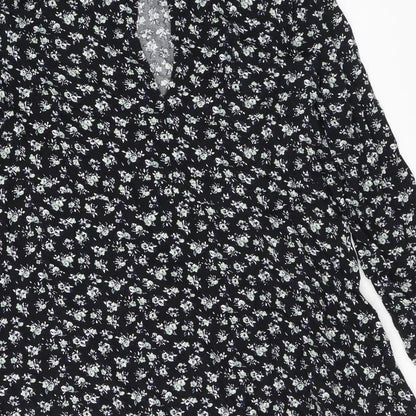 H&M Womens Black Floral Viscose A-Line Size 10 Round Neck Button