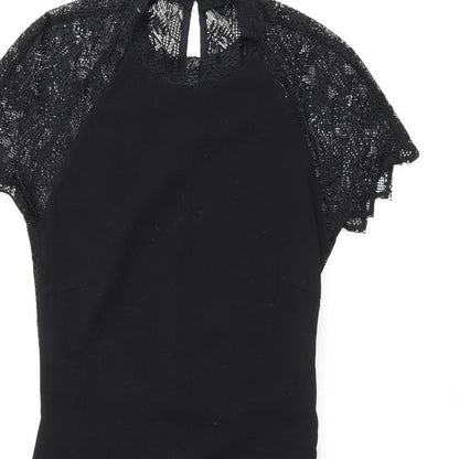Zara Womens Black Polyester Bodycon Size S Round Neck Zip - Lace Detail
